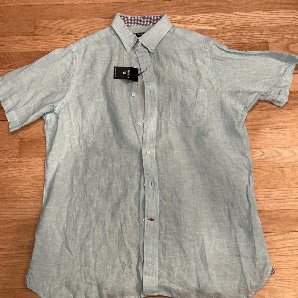 New Cremieux Men's Solid Short-Sleeve Linen Woven Shirt Large Aqua